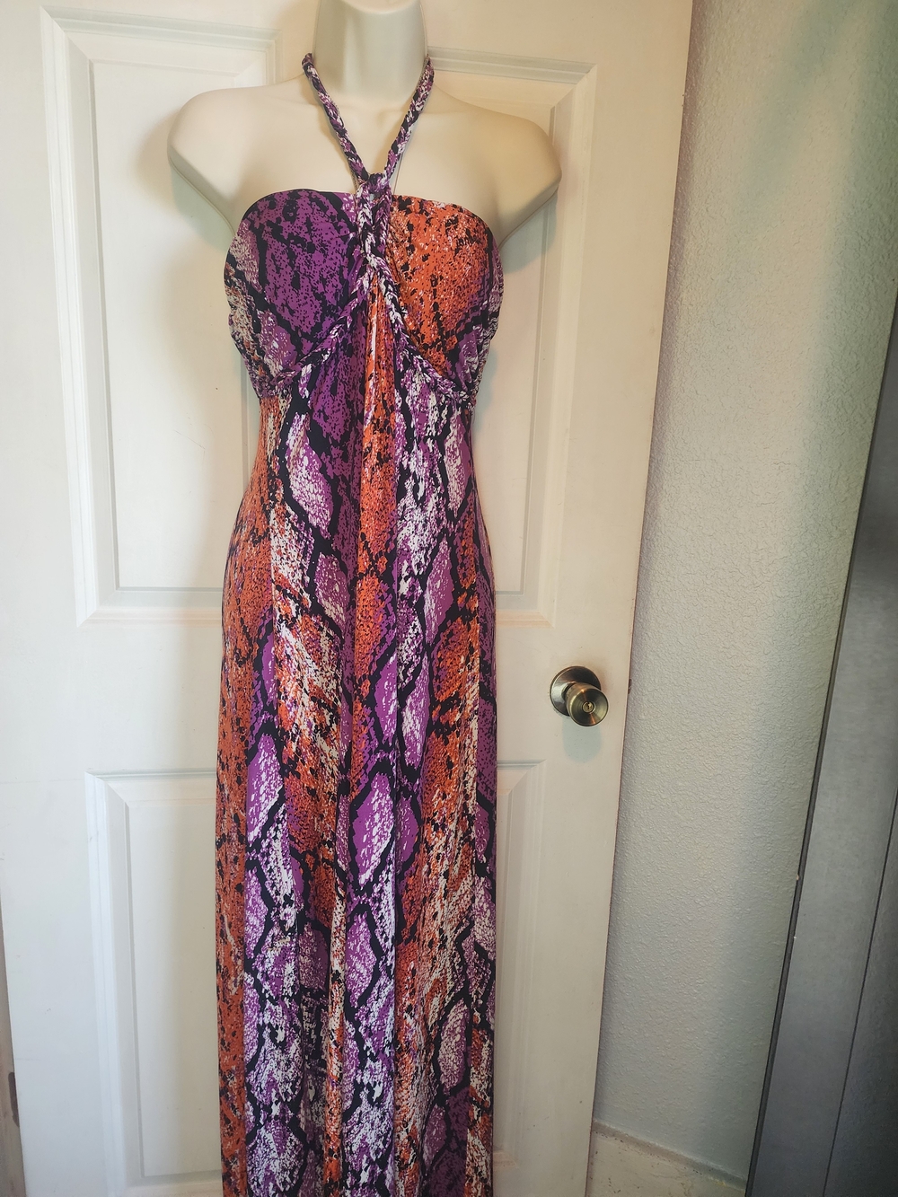 Roulette Purple and Orange Snake-Print Halter Maxi Dress